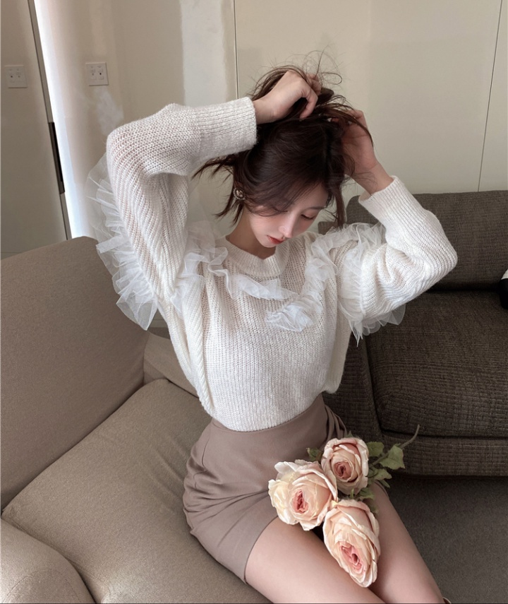 Splice gauze round neck sweater knitted France style tops