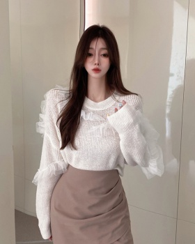 Splice gauze round neck sweater knitted France style tops