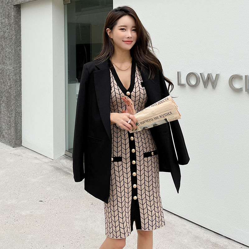 Slim Korean style geometry pattern slit dress for women
