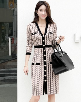Slim Korean style geometry pattern slit dress for women