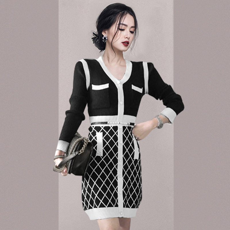 Fashion mixed colors knitted temperament dress for women
