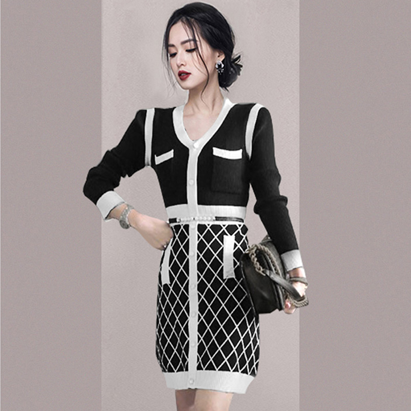Fashion mixed colors knitted temperament dress for women