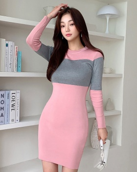 Hip mixed colors T-back slim autumn and winter dress