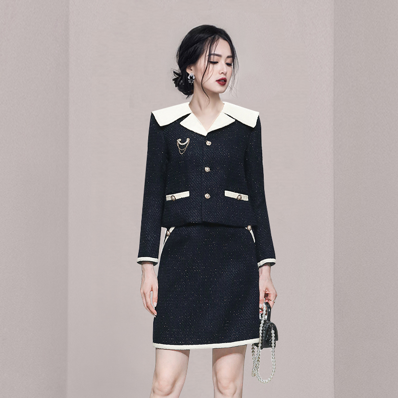 Temperament skirt navy style woolen coat 2pcs set