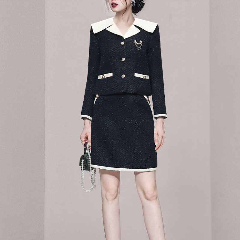 Temperament skirt navy style woolen coat 2pcs set
