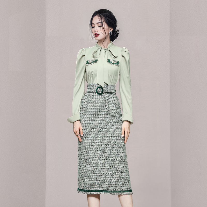 Fashion Woolen dress green shirt 2pcs set for women