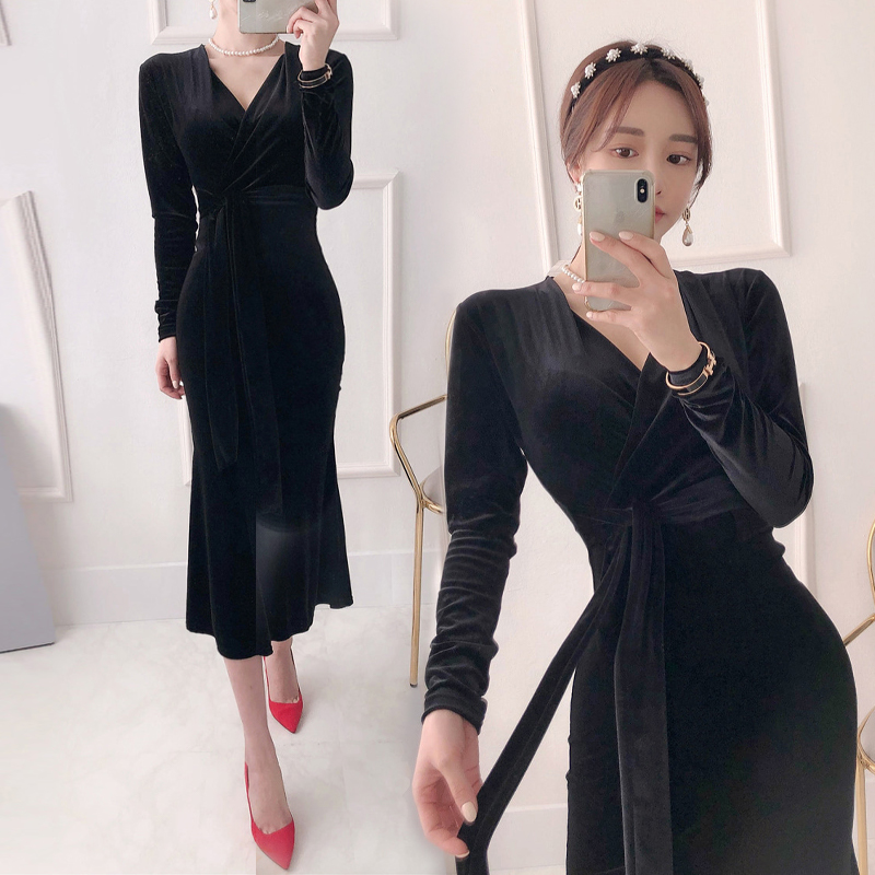 Slim high waist temperament knitted frenum Korean style dress
