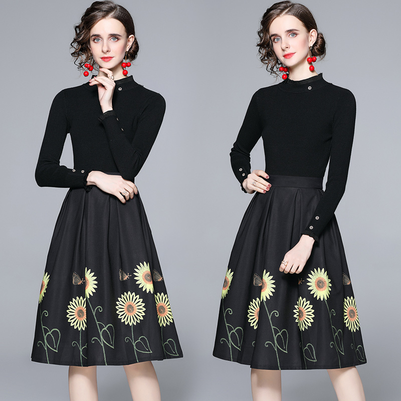 Autumn and winter knitted sun flower puff skirt 2pcs set