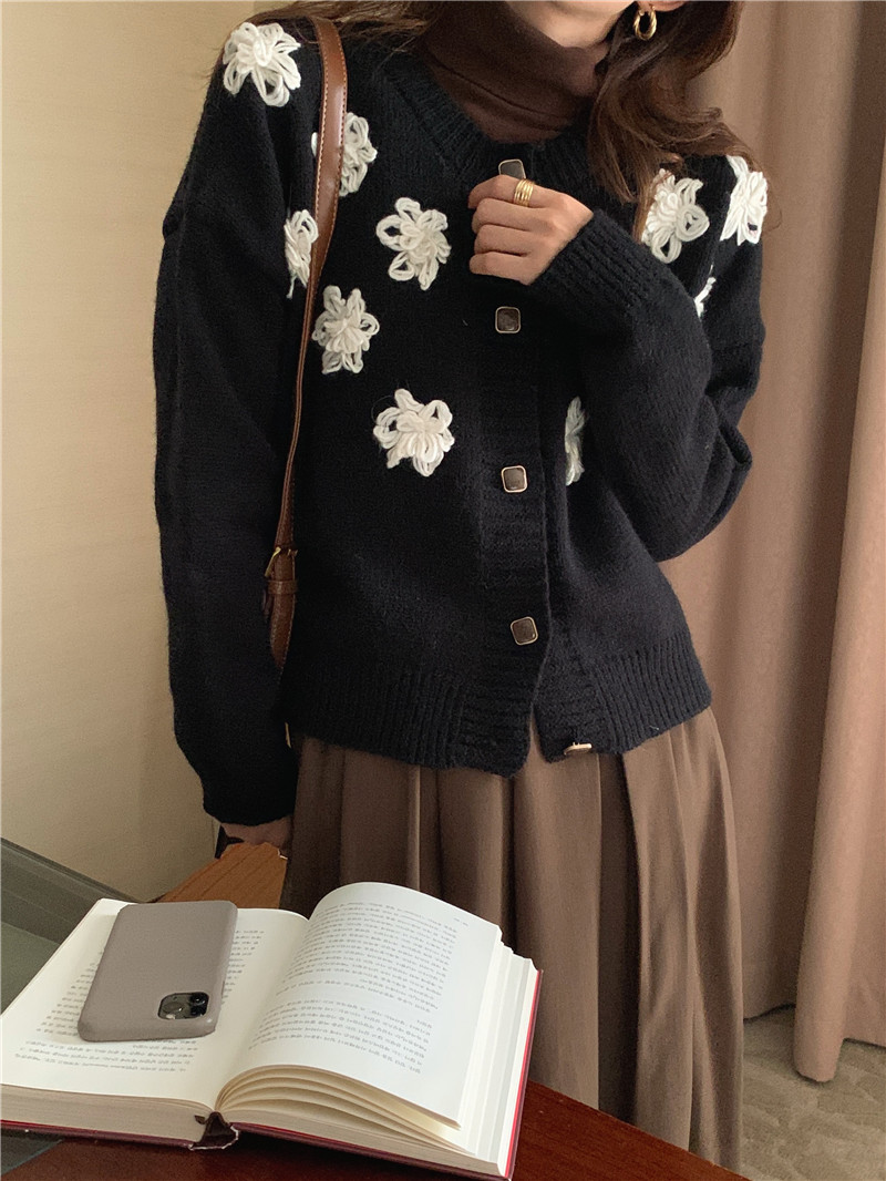 Korean style France style sweater retro flowers cardigan
