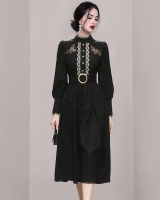 Embroidery pinched waist lace cstand collar dress
