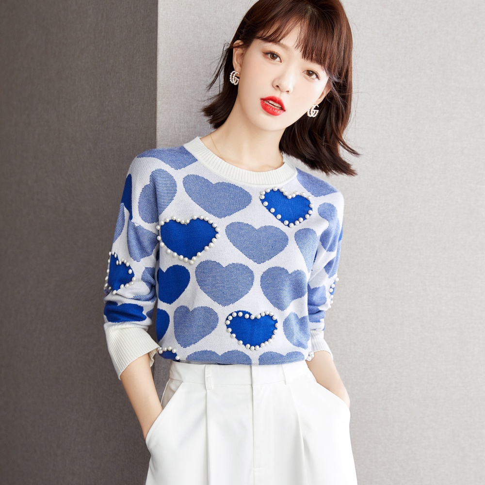 Printing pullover beading heart sweater for women
