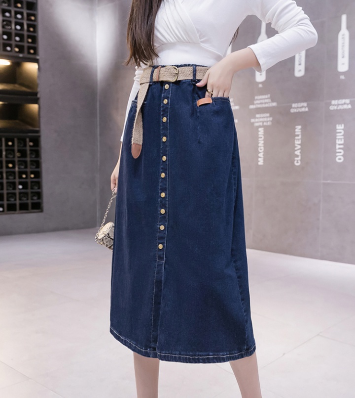Casual split breasted long skirt elastic waist denim belt