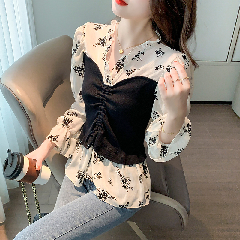 Knitted shirt printing bottoming shirt for women