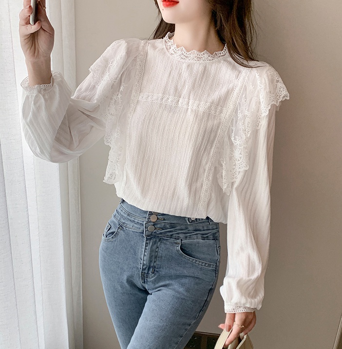 Lantern sleeve tops lace bottoming shirt for women