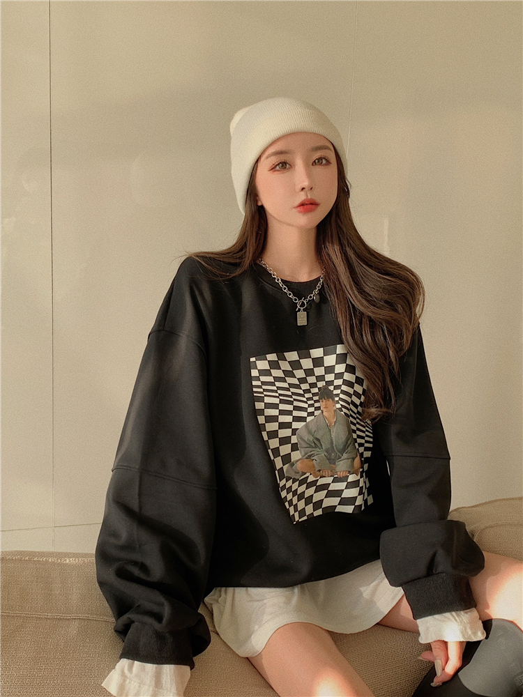 Fashion chessboard lazy loose black-white printing hoodie