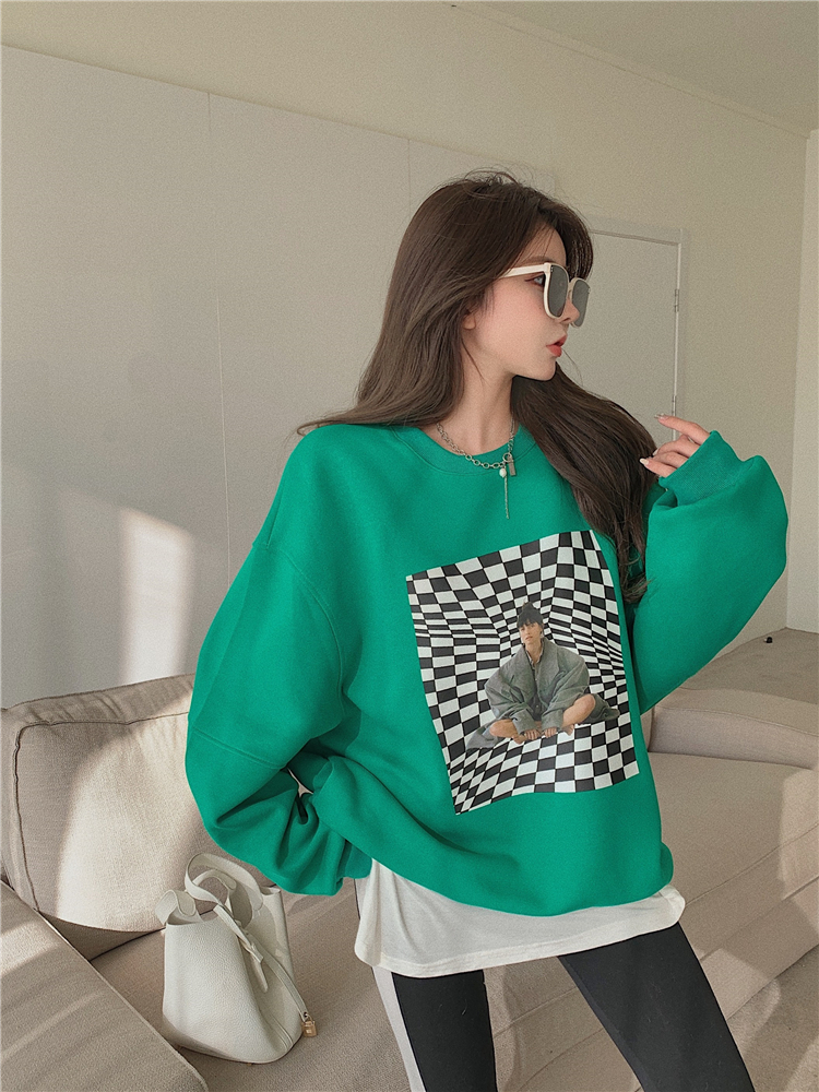 Fashion chessboard lazy loose black-white printing hoodie