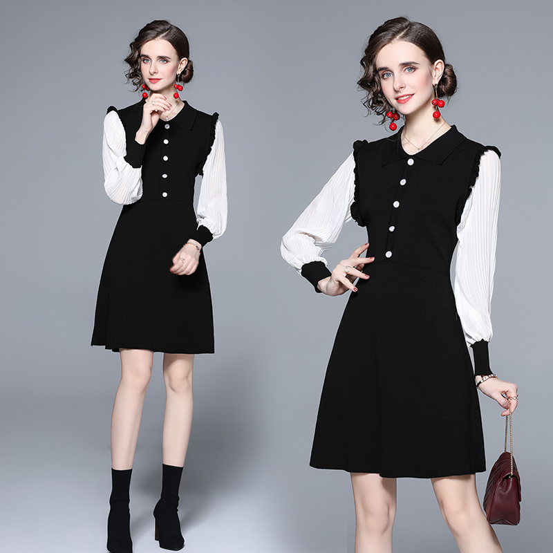 Temperament knitted pinched waist France style dress for women