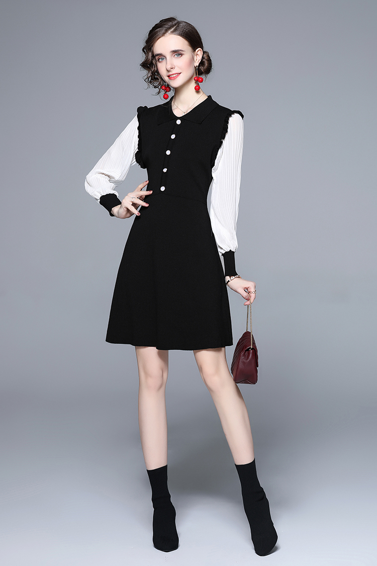 Temperament knitted pinched waist France style dress for women
