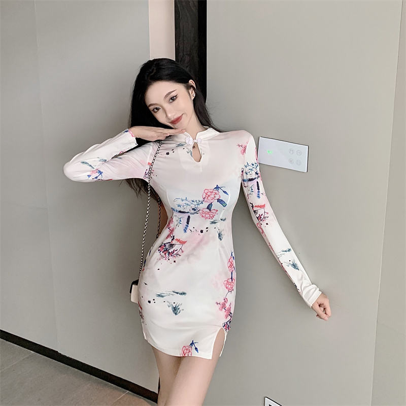 Printing split retro dress slim autumn cheongsam