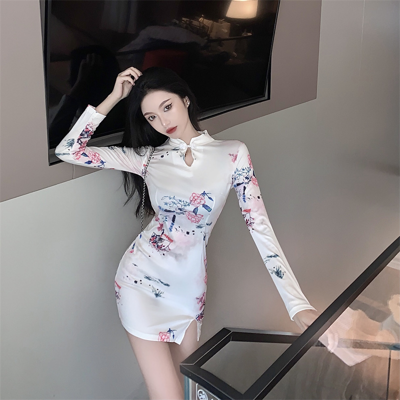 Printing split retro dress slim autumn cheongsam
