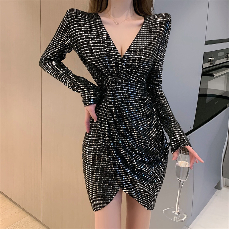 Sexy pinched waist sequins slim package hip dress