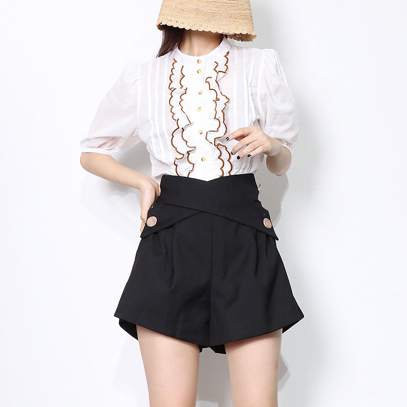 College style round neck wood ear tops short autumn shirt