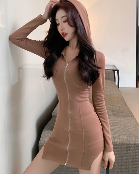 Long sleeve hooded dress slim pinched waist T-back