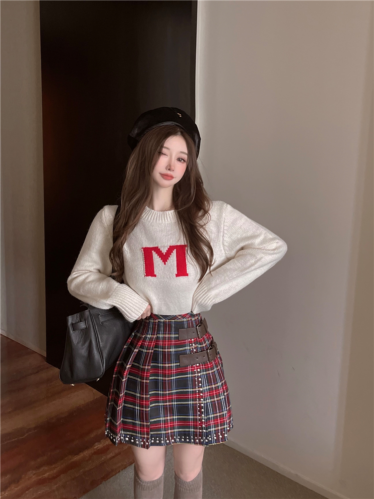 Plaid embroidery high waist sweater letters short skirt a set
