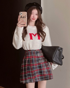 Plaid embroidery high waist sweater letters short skirt a set