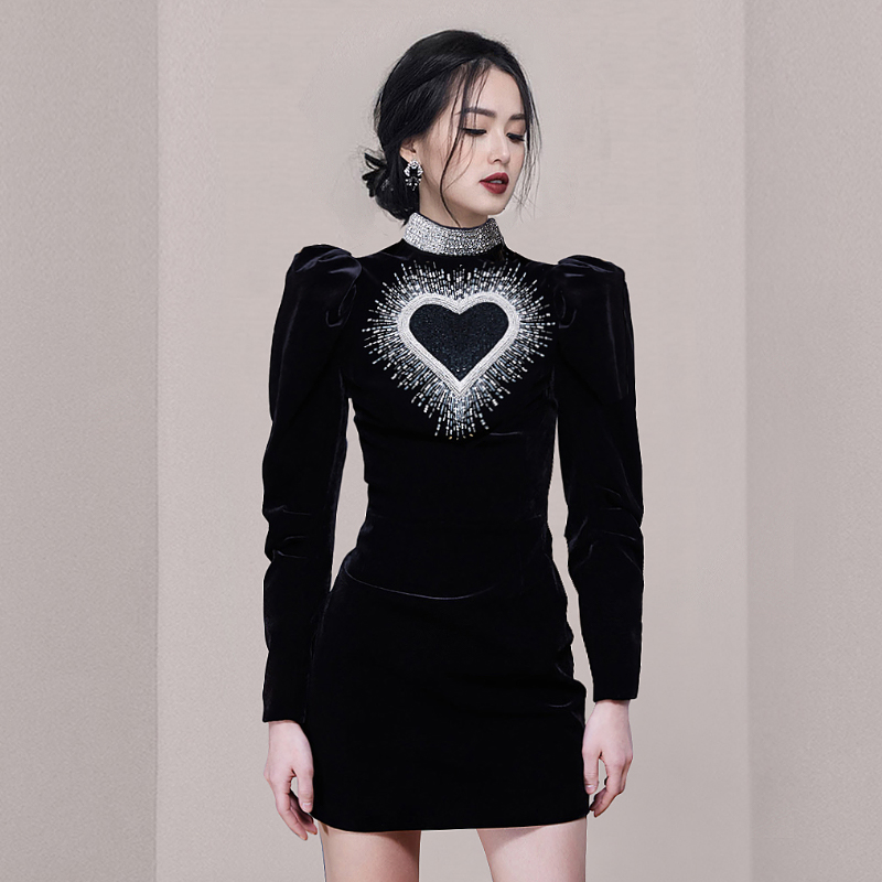 Puff sleeve retro sequins autumn and winter dress for women