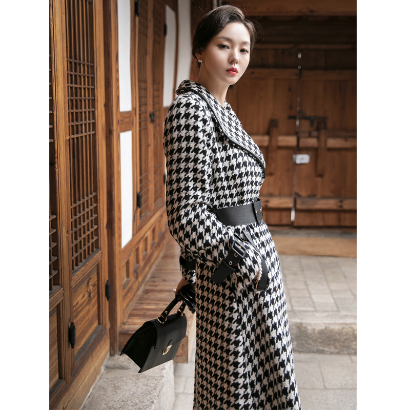 Winter woolen fashion coat houndstooth long Korean style overcoat