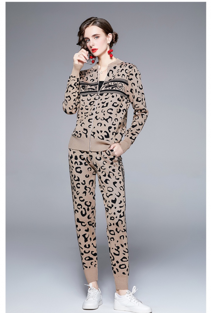 Leopard zip sweater fashion long pants 2pcs set for women