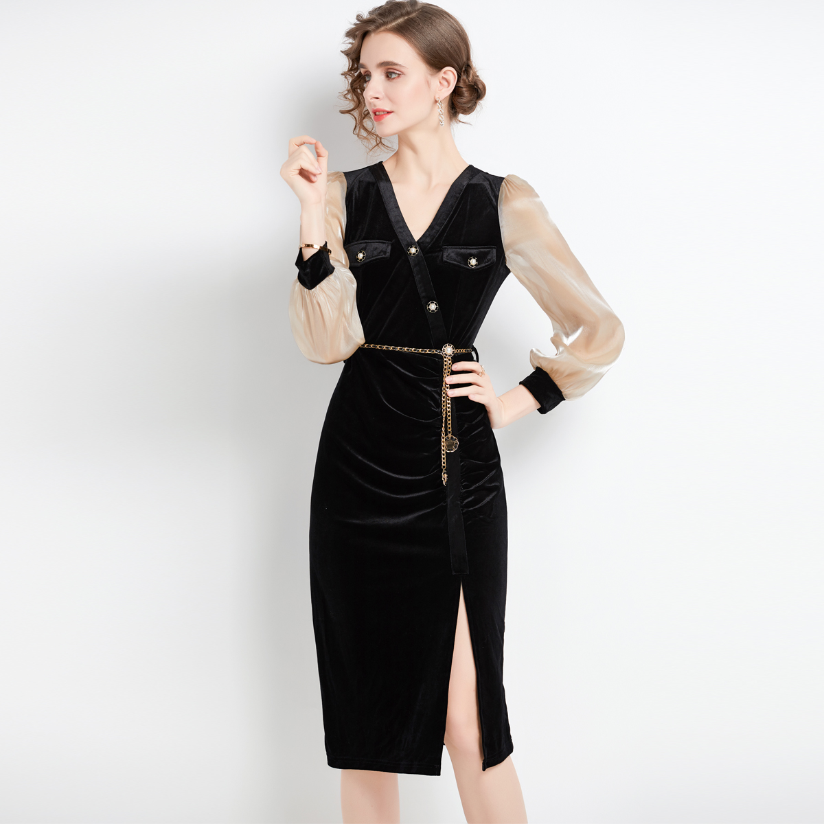 Black slim France style velvet autumn dress for women