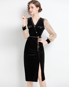 Black slim France style velvet autumn dress for women