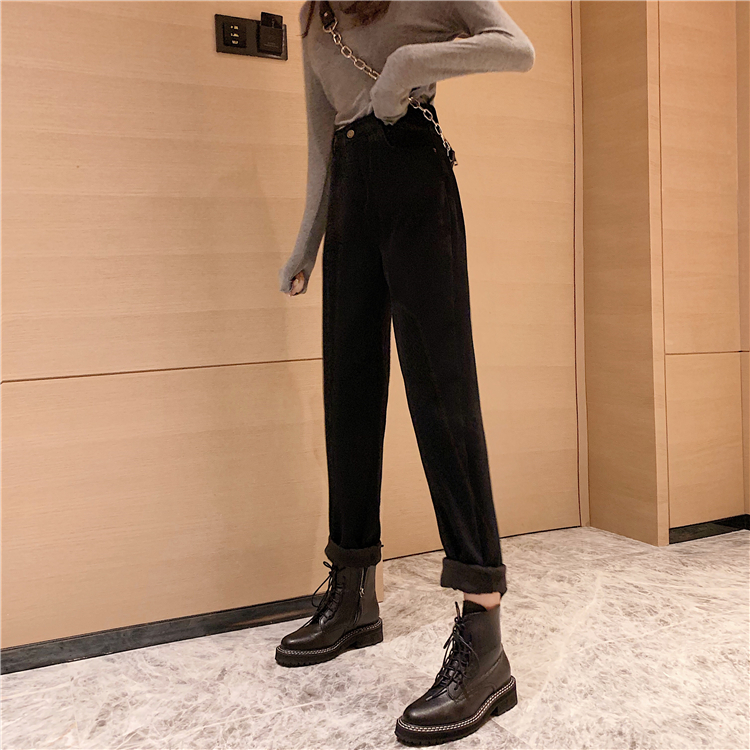 Plus velvet all-match thick loose jeans for women