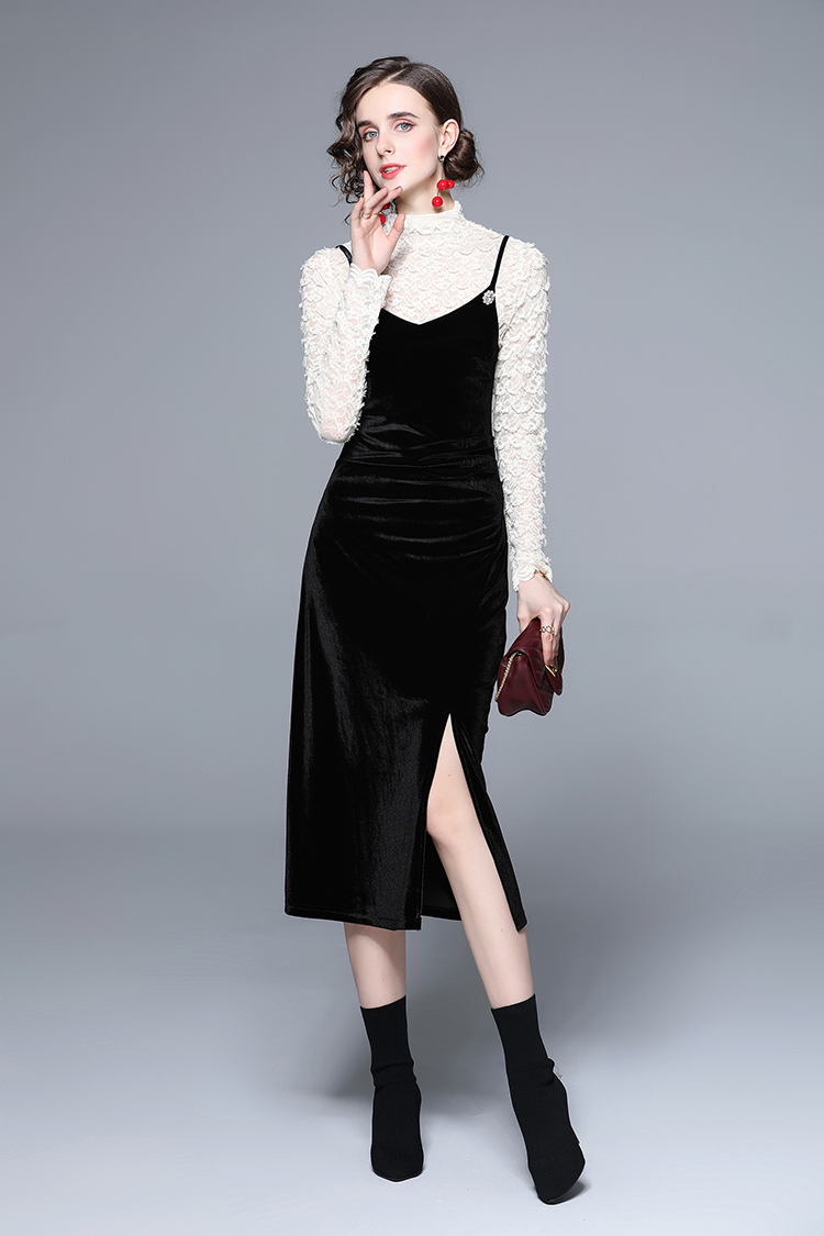 Velvet temperament minority sling split dress 2pcs set