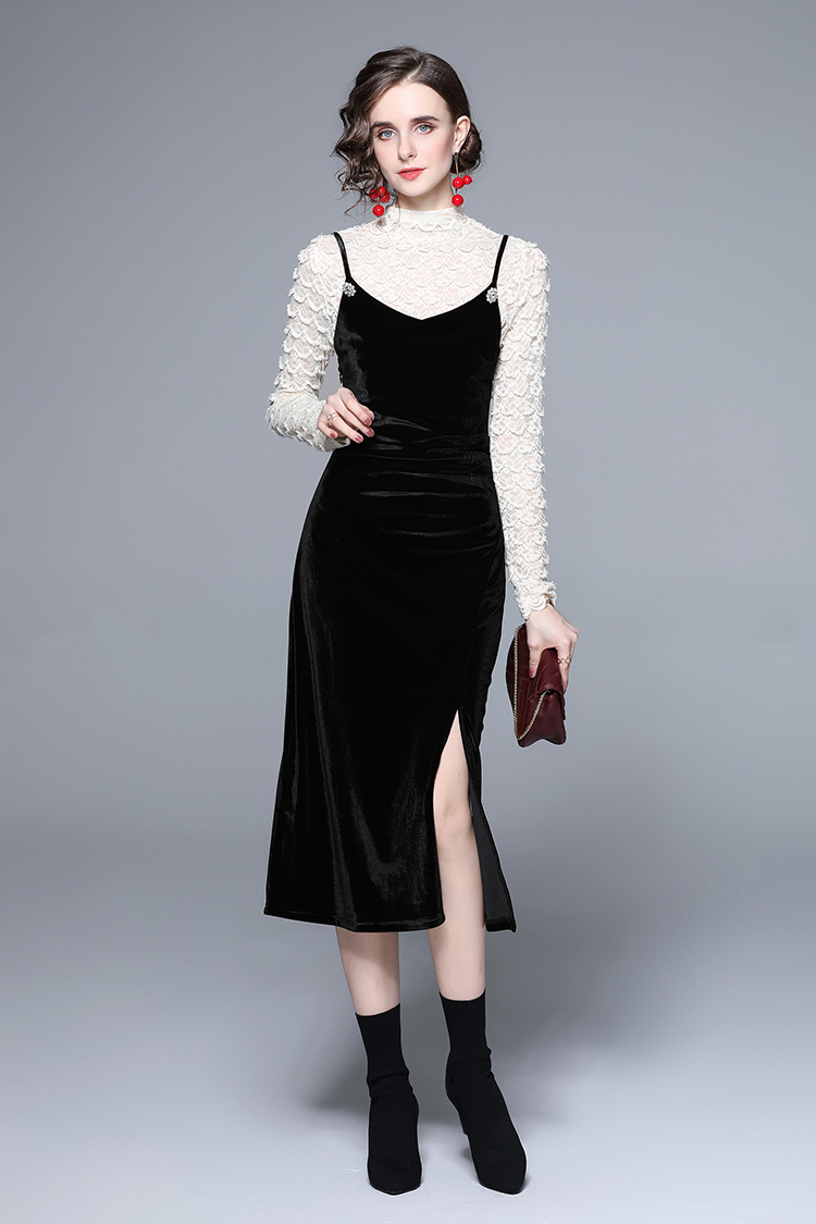 Velvet temperament minority sling split dress 2pcs set