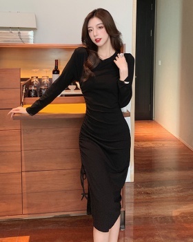 Shoulder pads drawstring dress Korean style split long dress