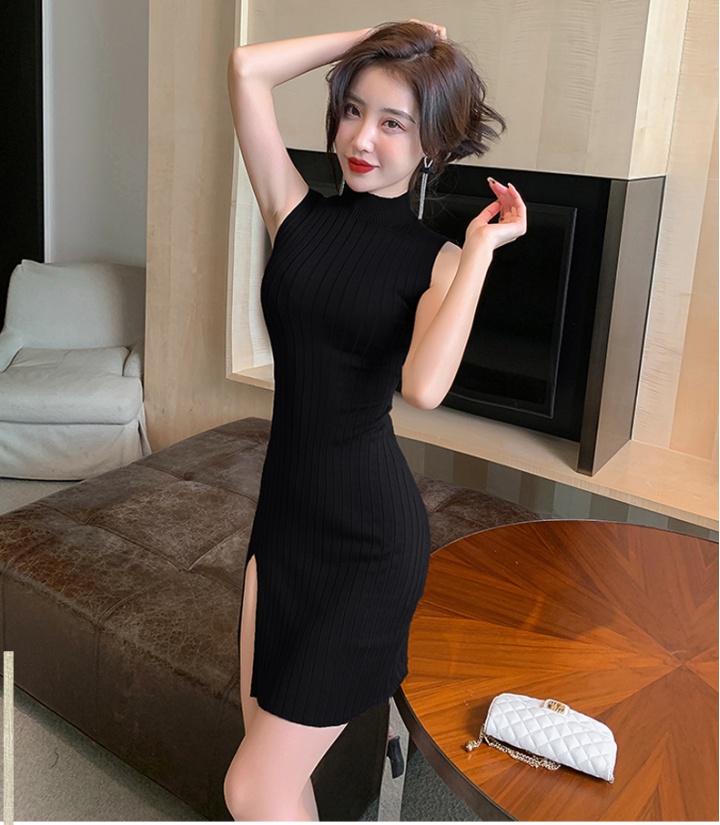Package hip half high collar knitted split sexy dress
