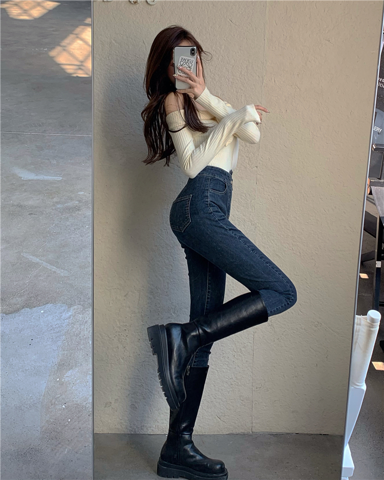 High waist all-match jeans slim pencil pants for women