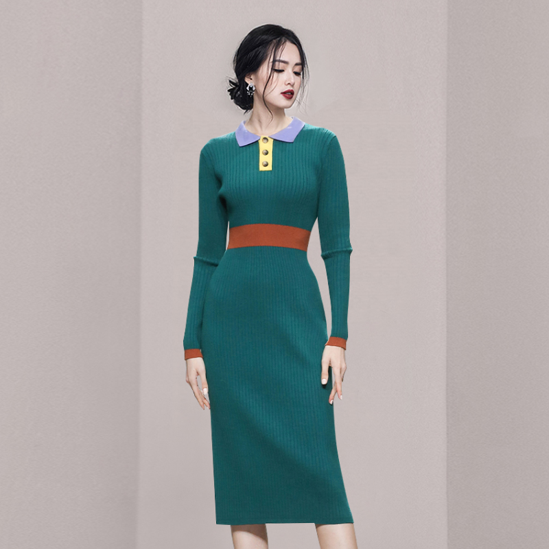Pinched waist temperament long commuting knitted slim dress