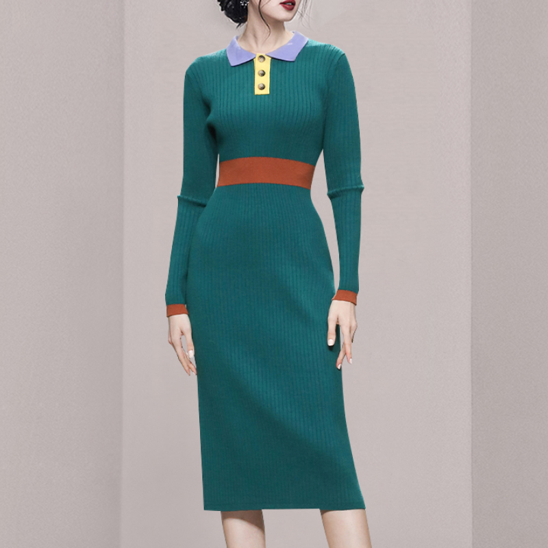 Pinched waist temperament long commuting knitted slim dress