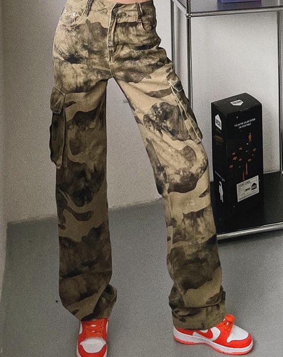 Autumn camouflage pants olive-green low-waist jeans for women