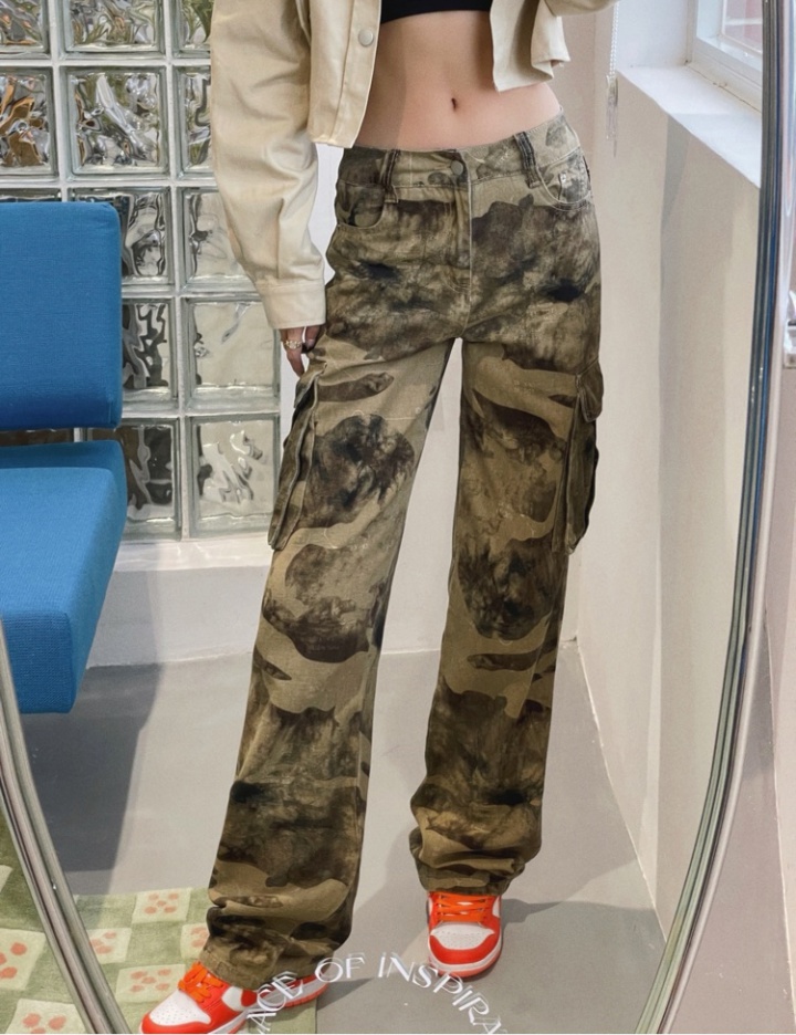 Autumn camouflage pants olive-green low-waist jeans for women