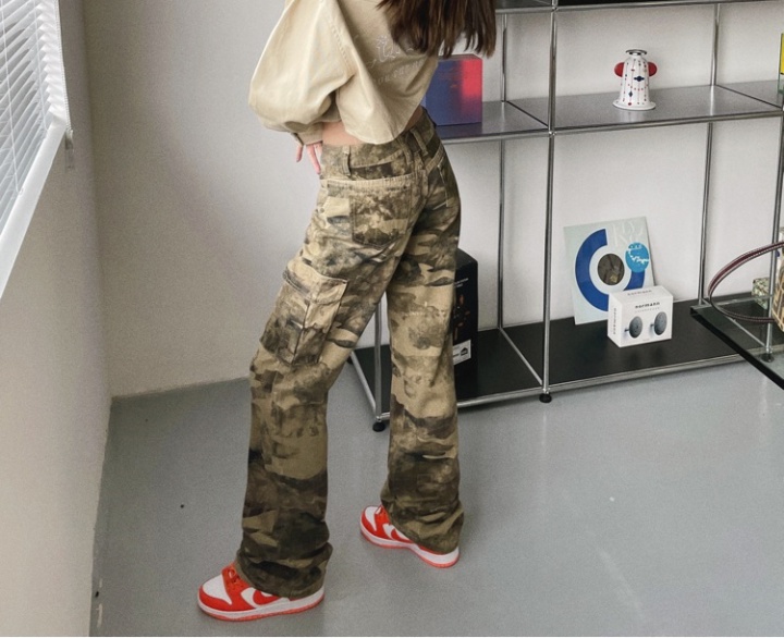 Autumn camouflage pants olive-green low-waist jeans for women