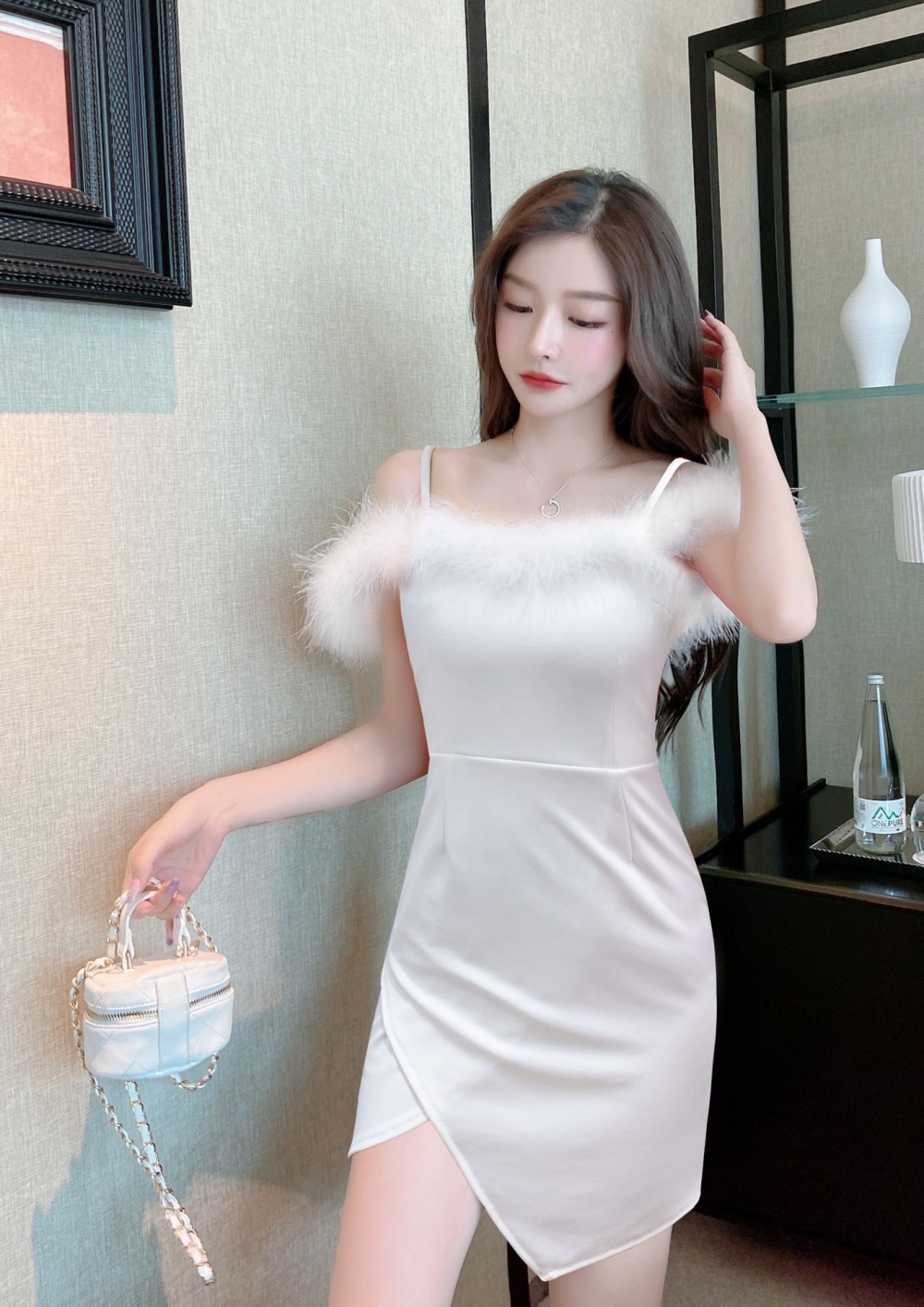 Autumn fur collar flat shoulder irregular dress