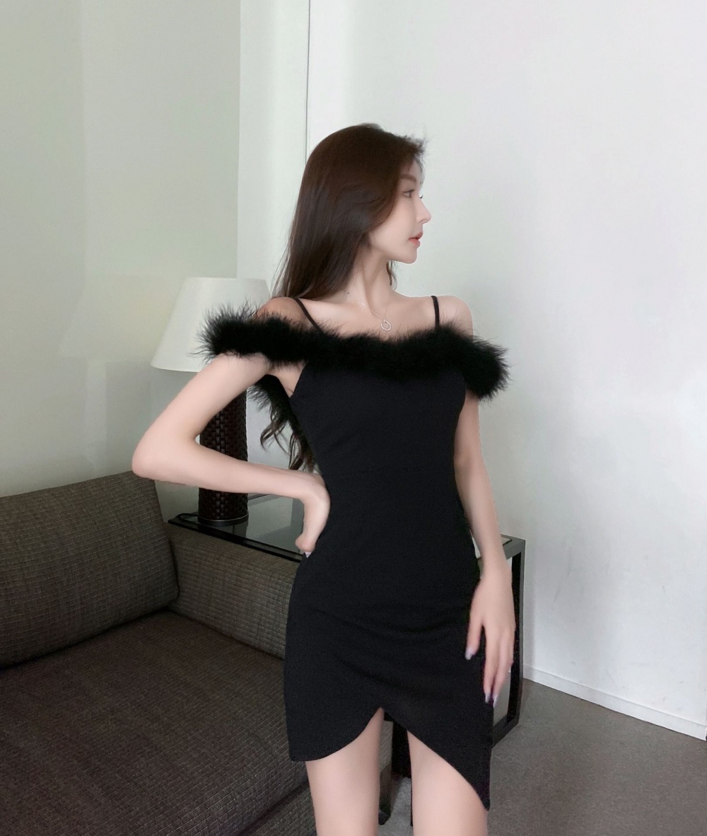 Autumn fur collar flat shoulder irregular dress