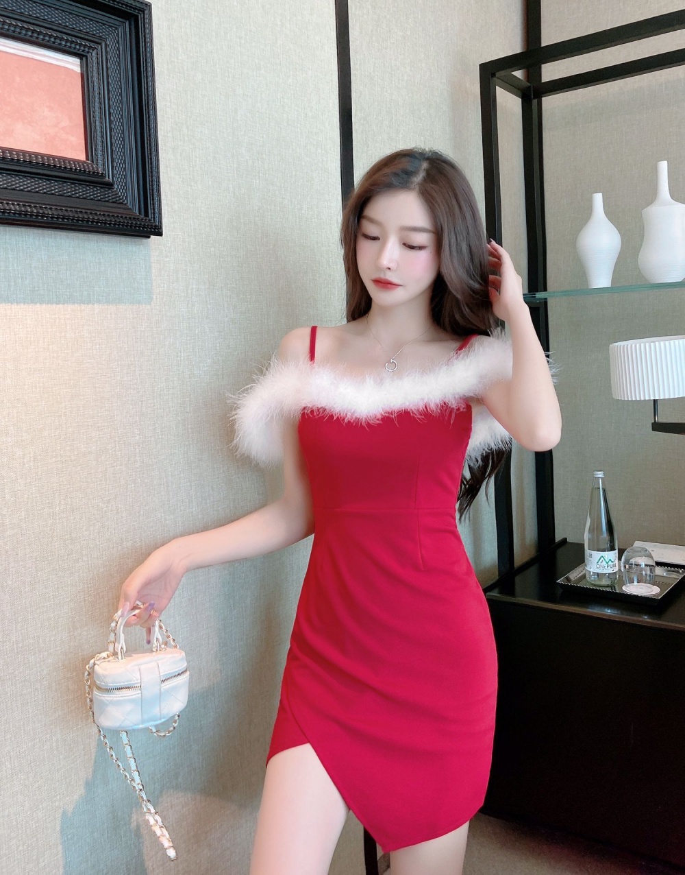 Autumn fur collar flat shoulder irregular dress