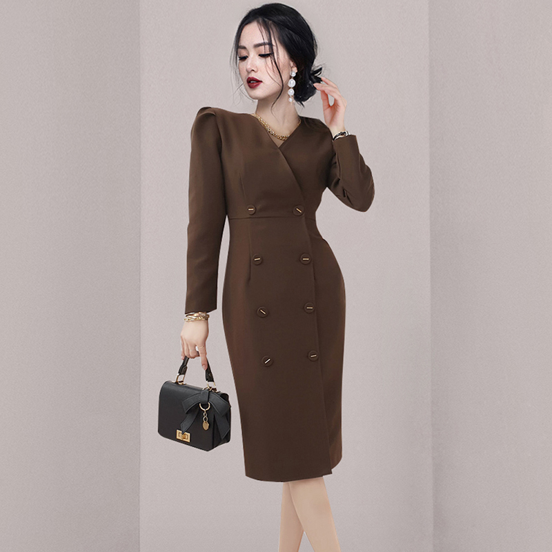 Slim Korean style profession V-neck pinched waist fashion dress