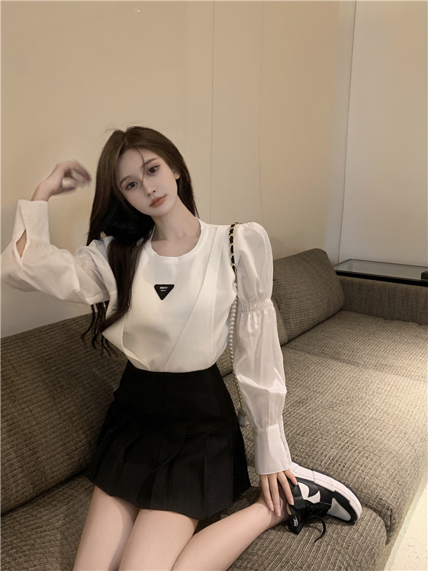 Bottoming puff sleeve cross pullover round neck tops